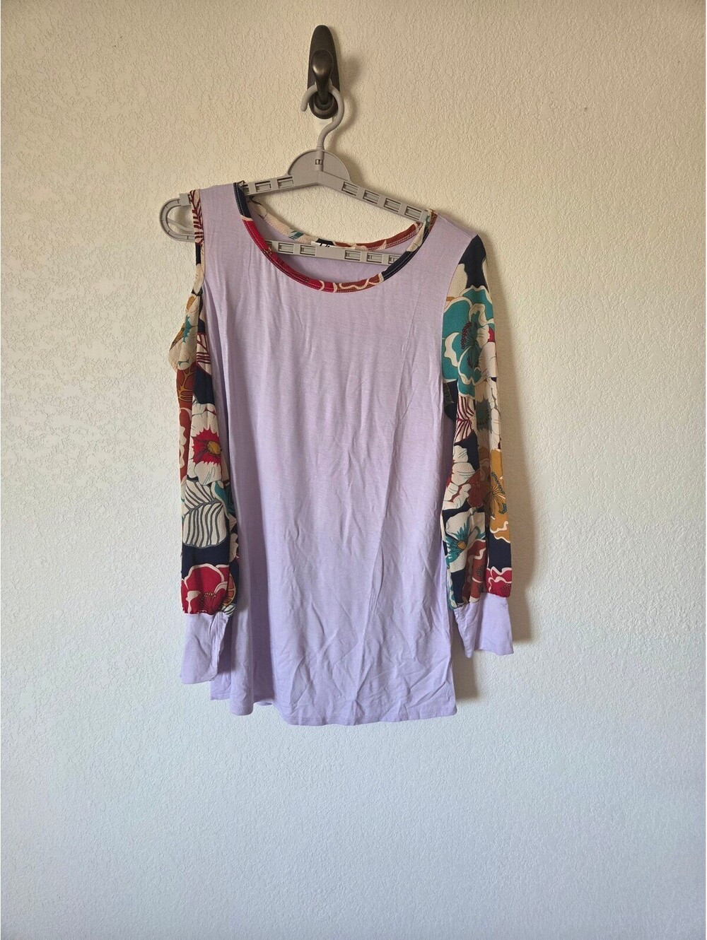 Mai Soli Lavender Cold Shoulder Top with Floral Sleeves